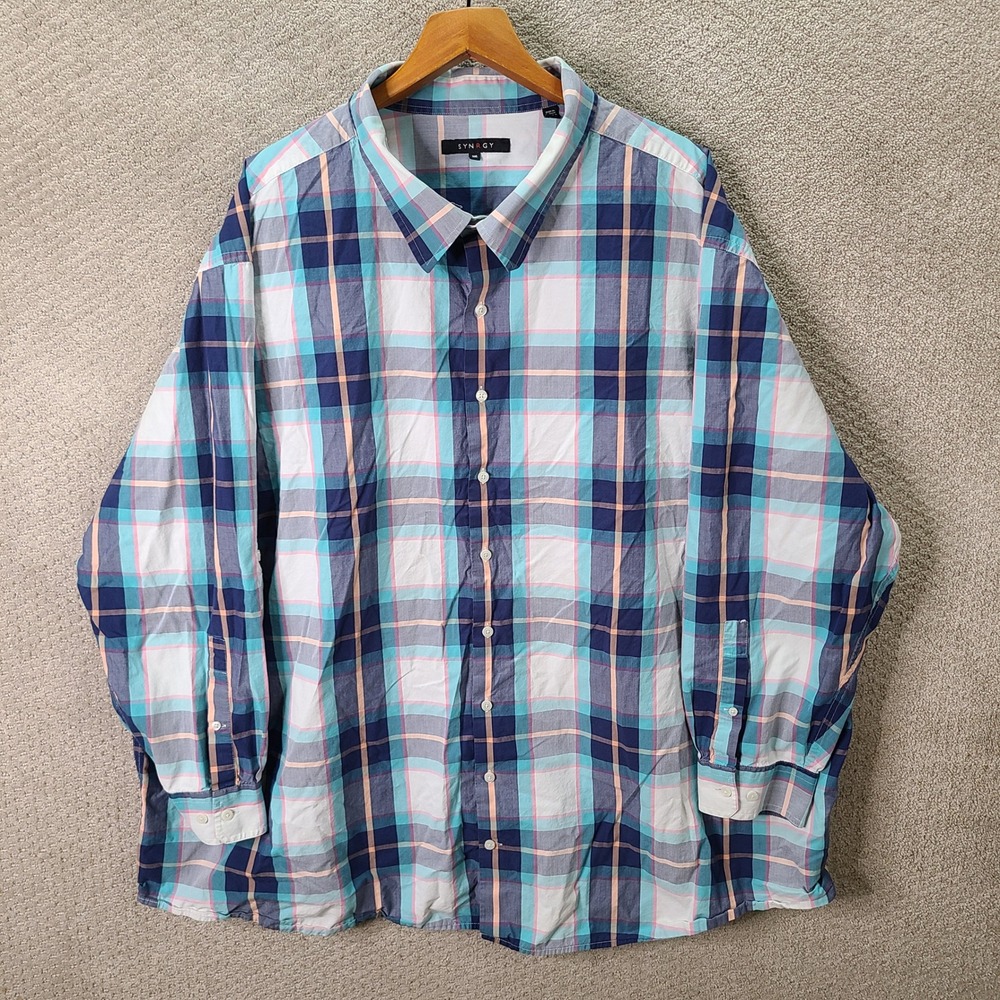 Synrgy Shirt Mens 5XL Blue Pink Plaid Button Down Cotton Long Sleeve Casual